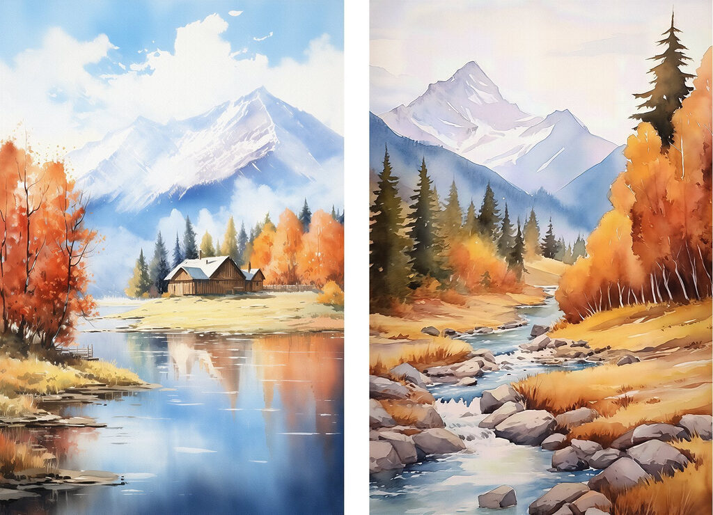Watercolor painting of a house and a river