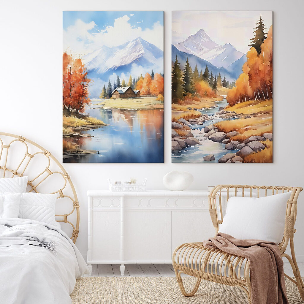 Watercolor painting of a house and a river