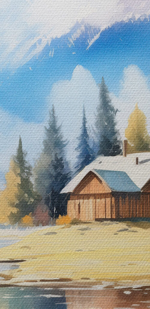 Watercolor painting of a house and a river