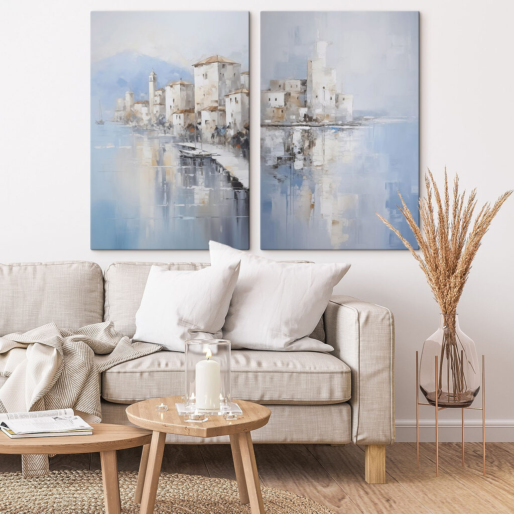 Painting of a city and a body of water