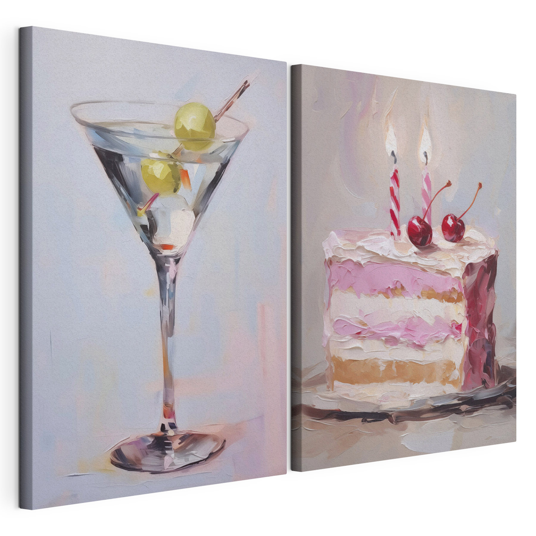 Painting of a cake and a martini glass with fruit on it