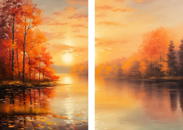 Painting of a lake and a sunset