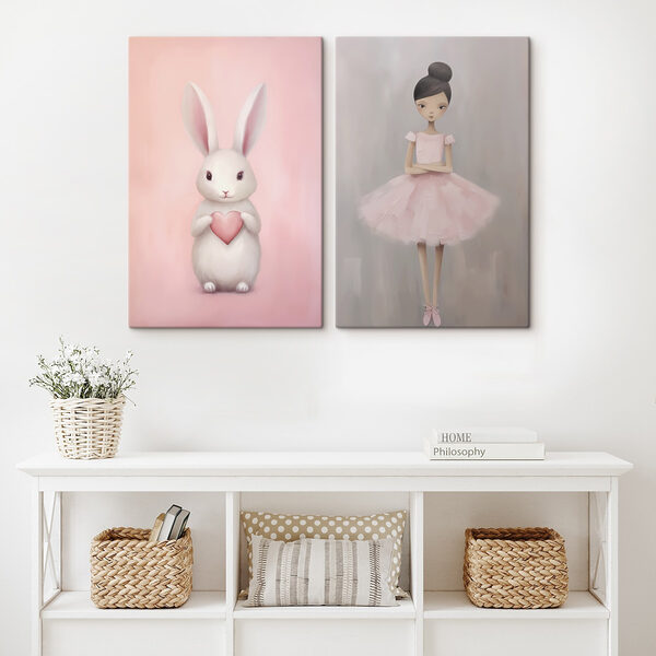 Two paintings of a girl and a rabbit