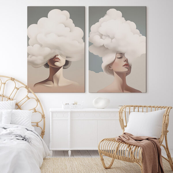 Woman with white hair and clouds on her head