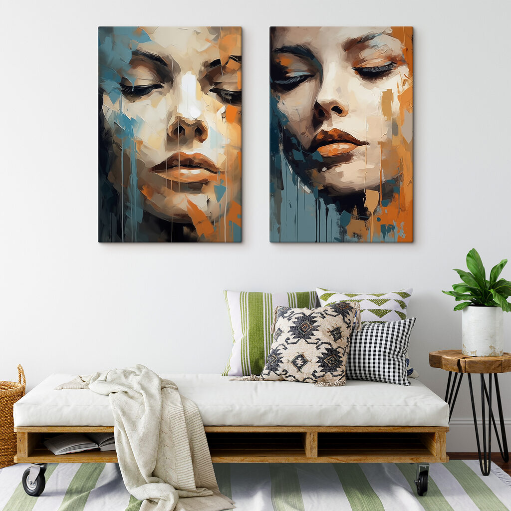 Woman's face with orange and blue paint