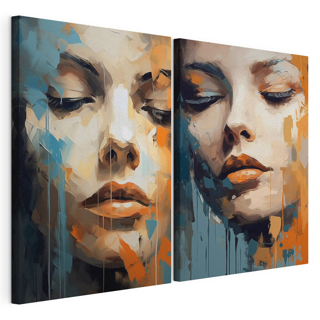 Woman's face with orange and blue paint