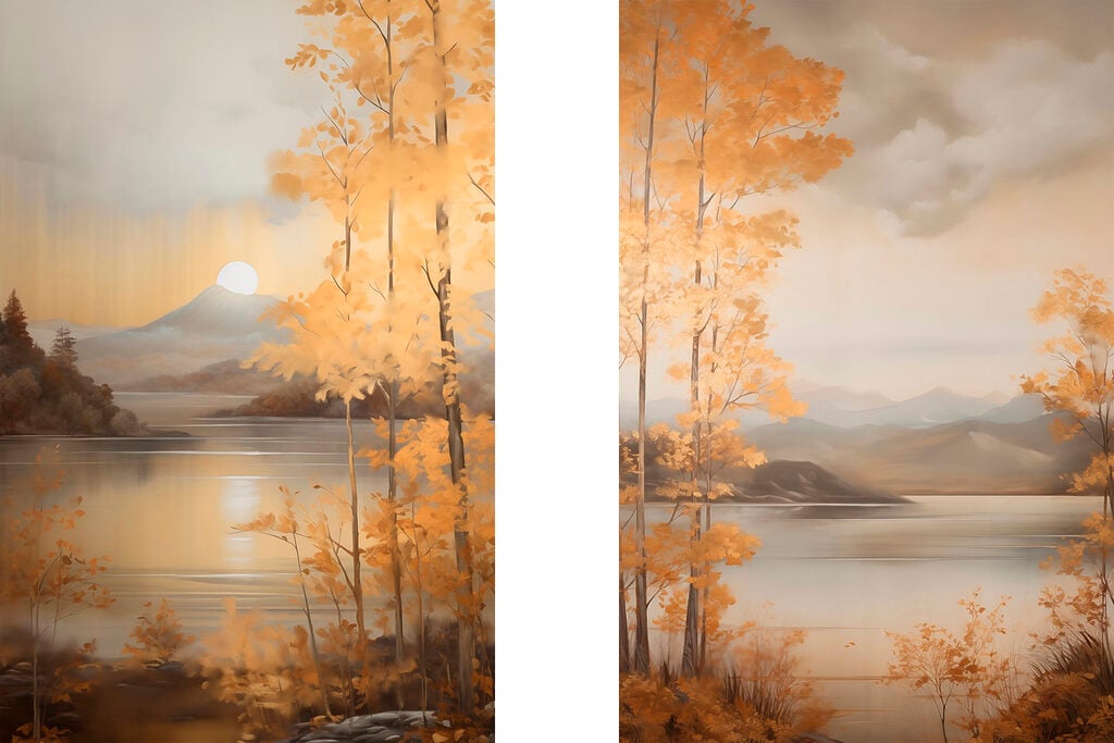 Painting of a mountain and a lake