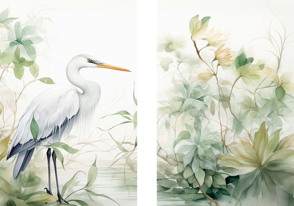 White bird with a long beak and a long beak standing in front of a plant