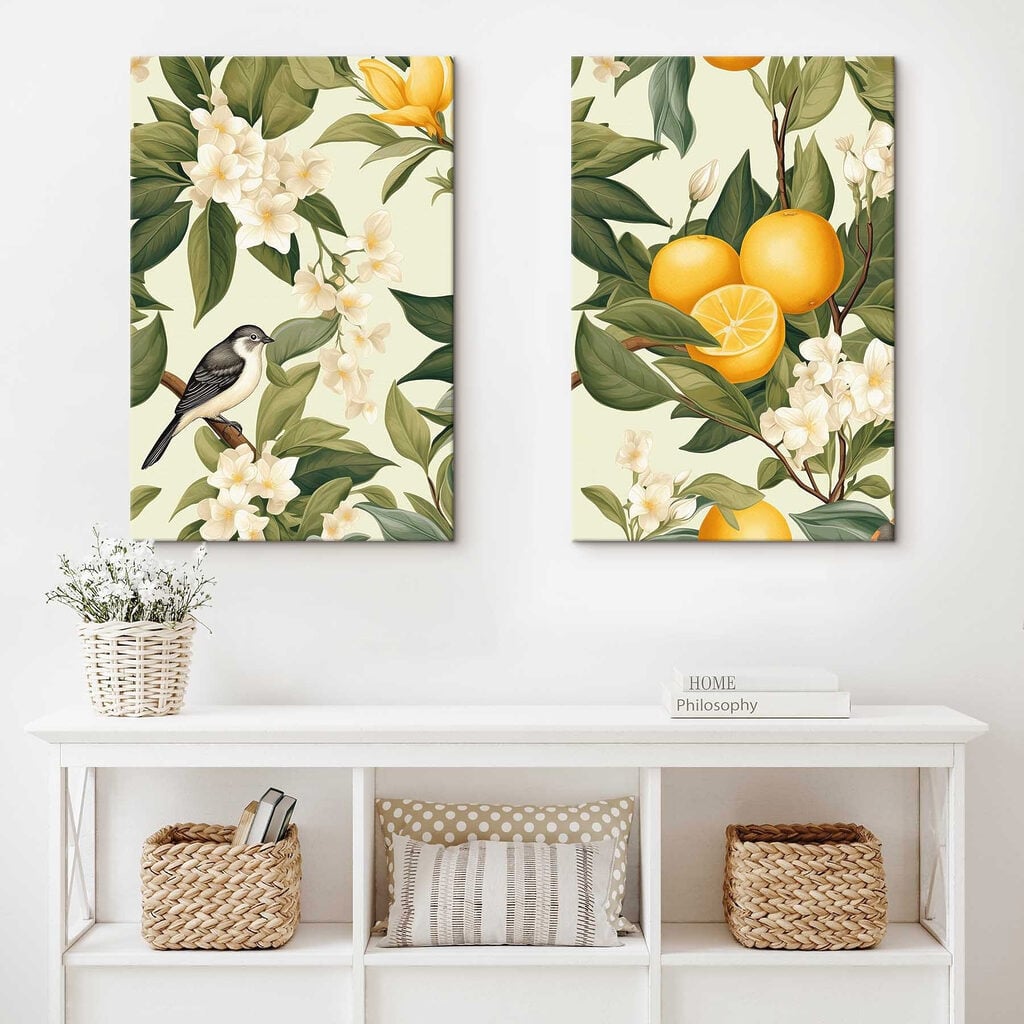 Two images of oranges and flowers