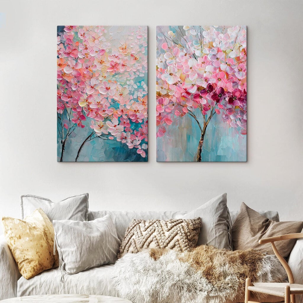 Painting of a tree with pink flowers