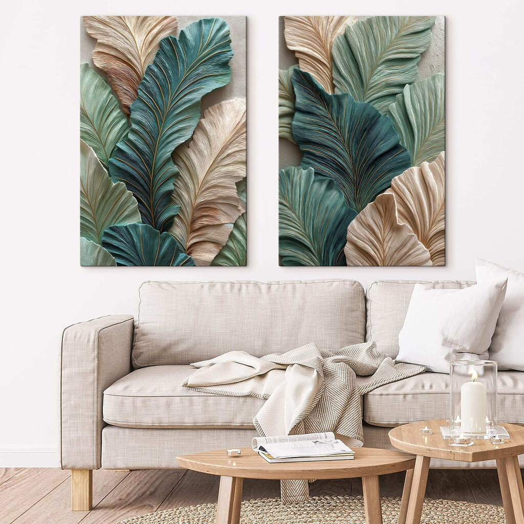 Green and beige leaves composition art