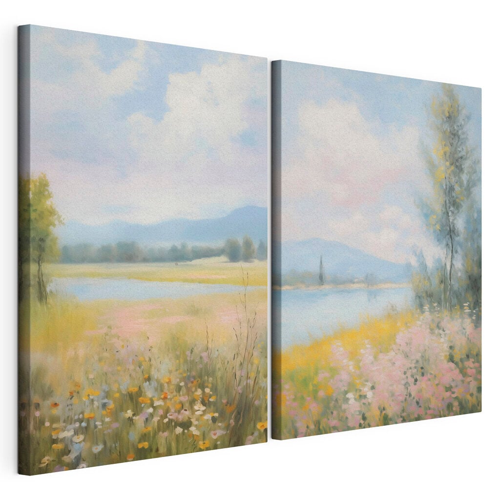 Painting of a landscape with a river and a field of flowers