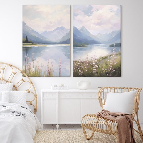 Painting of a lake and mountains