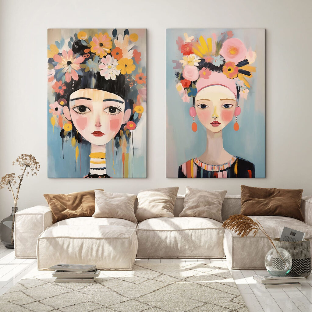 Two paintings of a woman with flowers