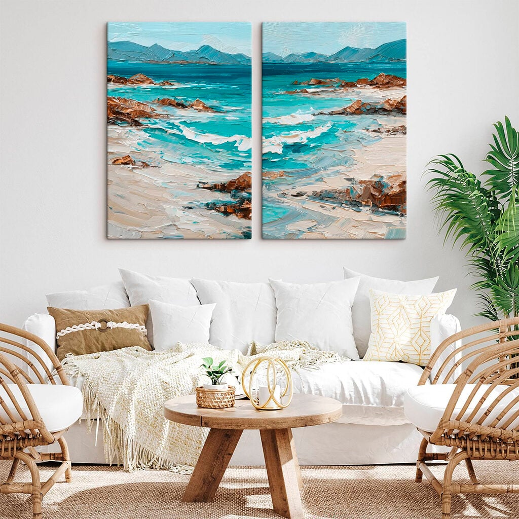 Painting of a beach with waves and rocks