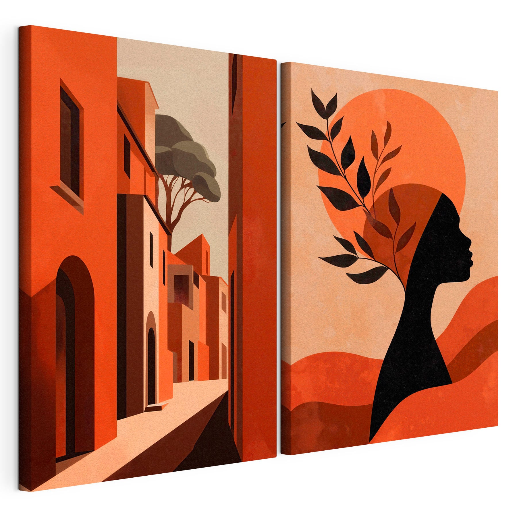 Woman with a hat on her head and a street with buildings