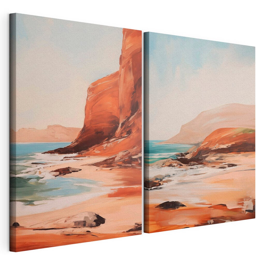 Painting of a beach and a rocky cliff