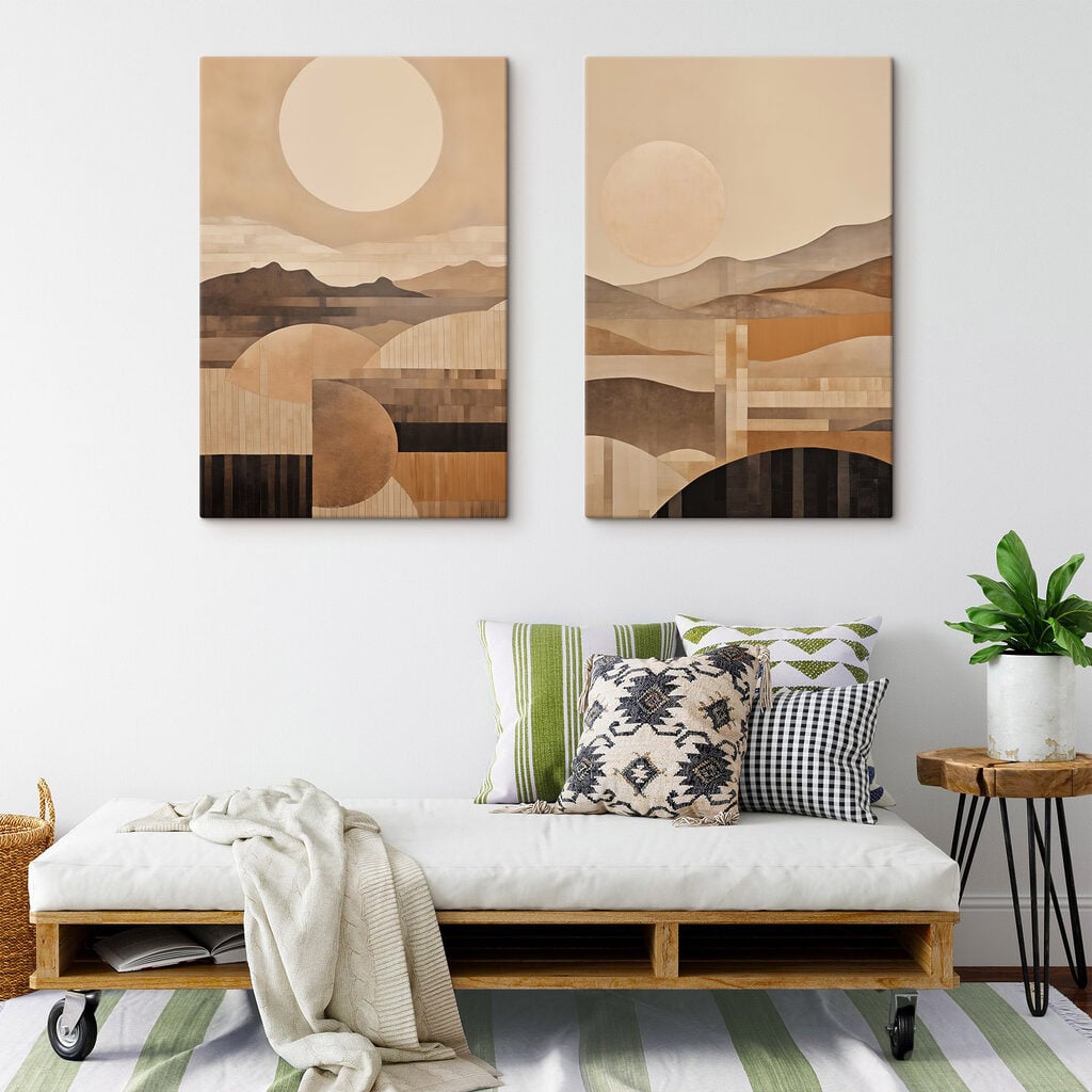 Painting of hills and sun