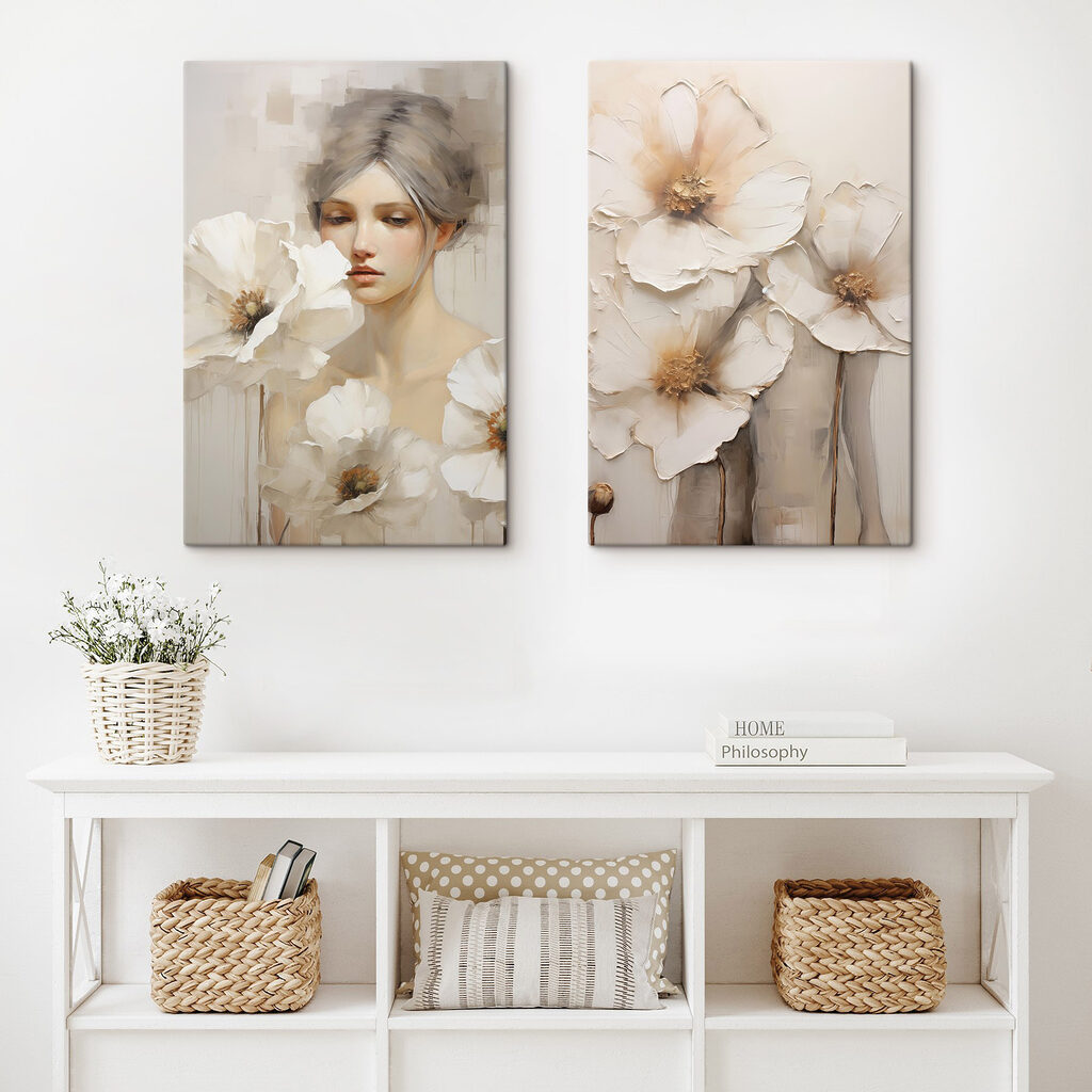 Painting of a woman with white flowers