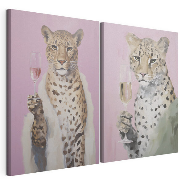 Painting of a cheetah holding a glass of wine