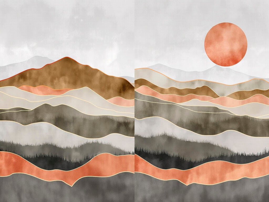 Painting of hills and sun