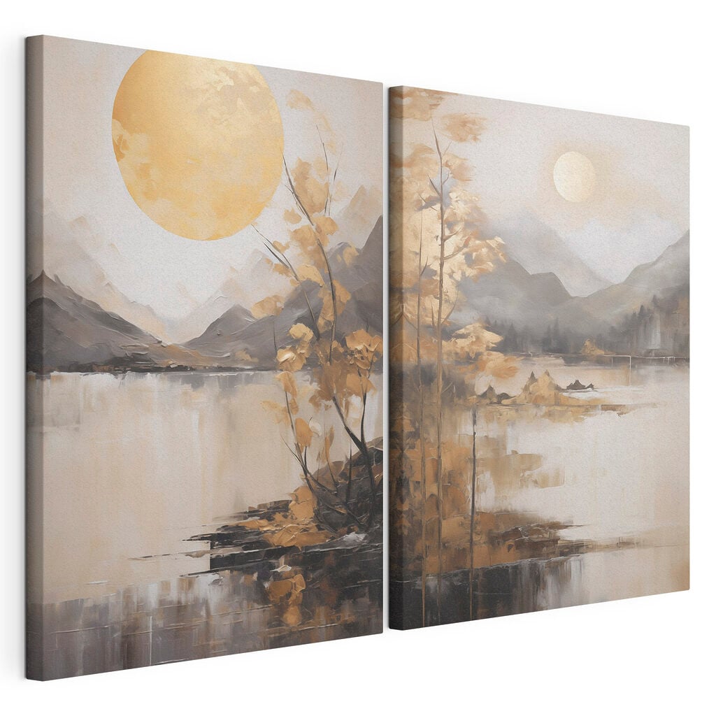 Painting of a landscape with a moon and mountains