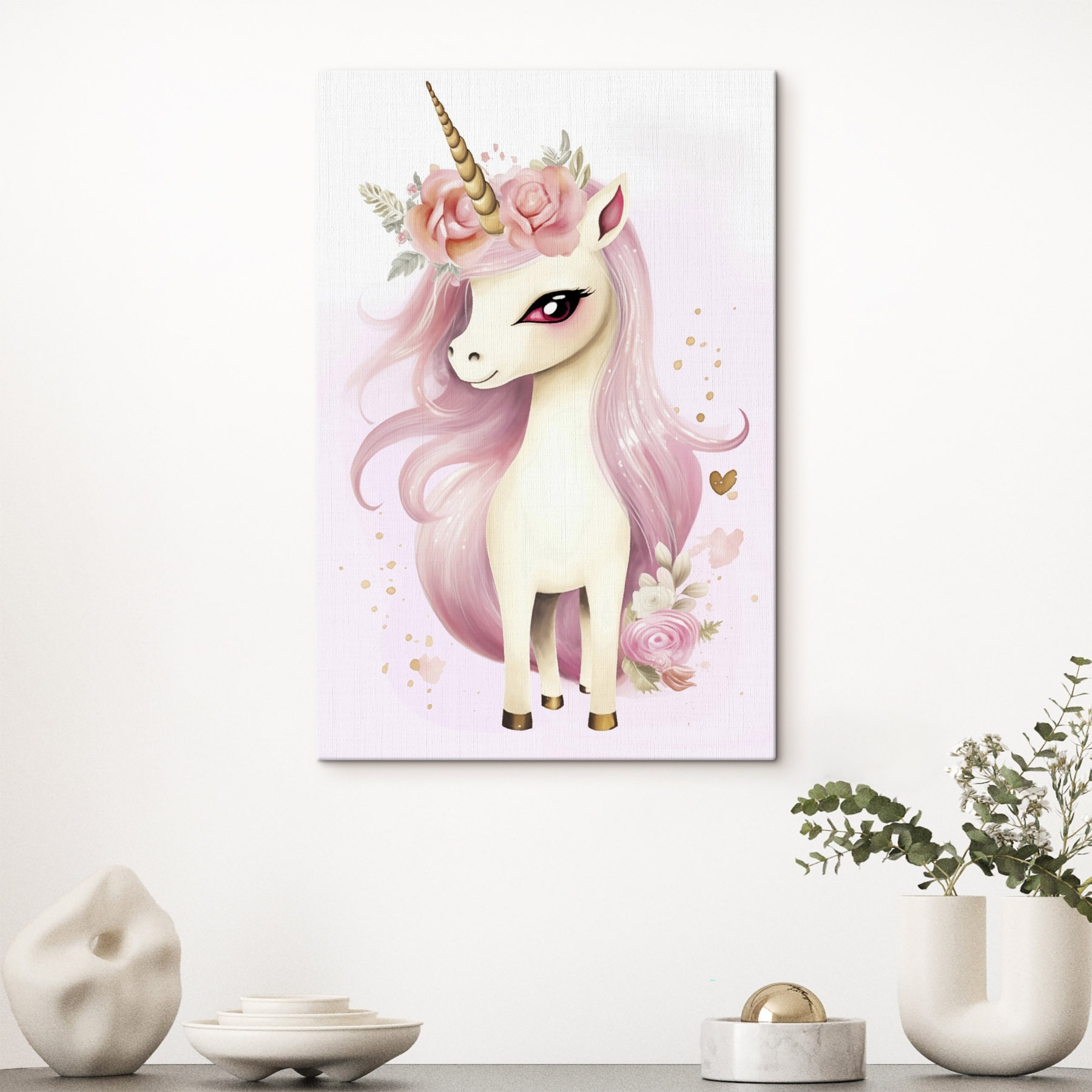 Unicorn with pink hair and flowers
