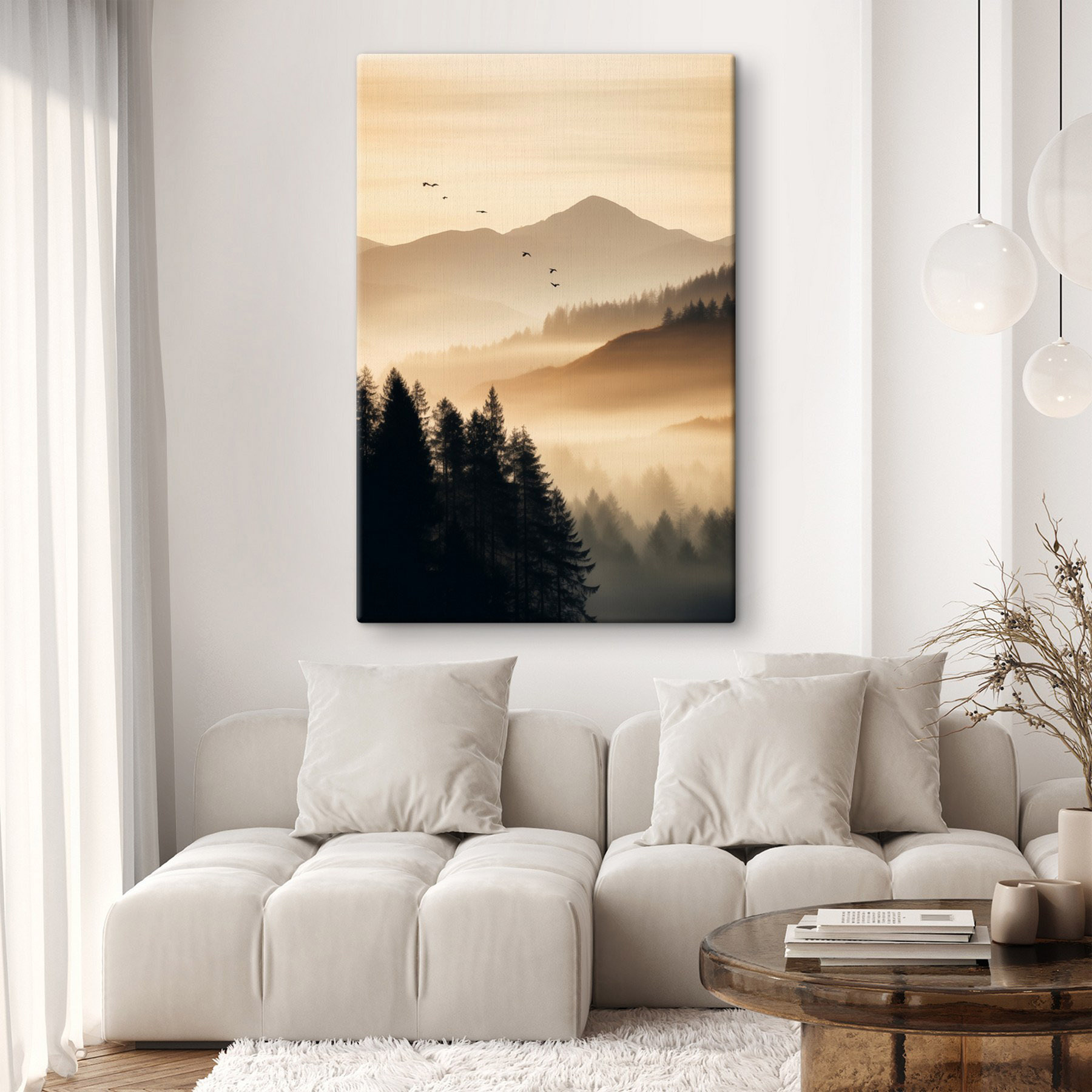 Birds flying over a valley with mountains and trees