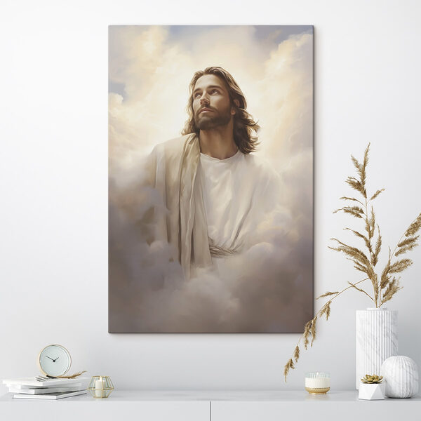 Man in white robe with clouds in the sky