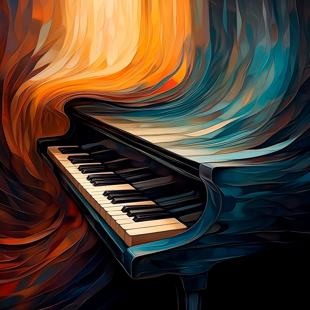 Piano with a colorful curtain