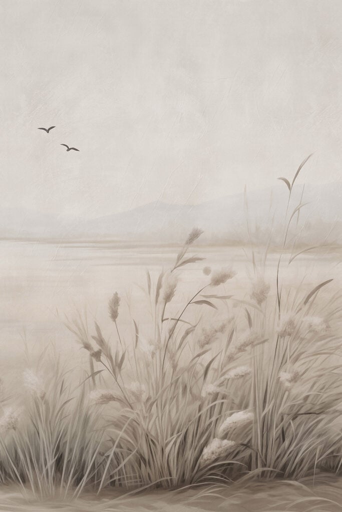 Painting of a field of grass and birds flying in the sky