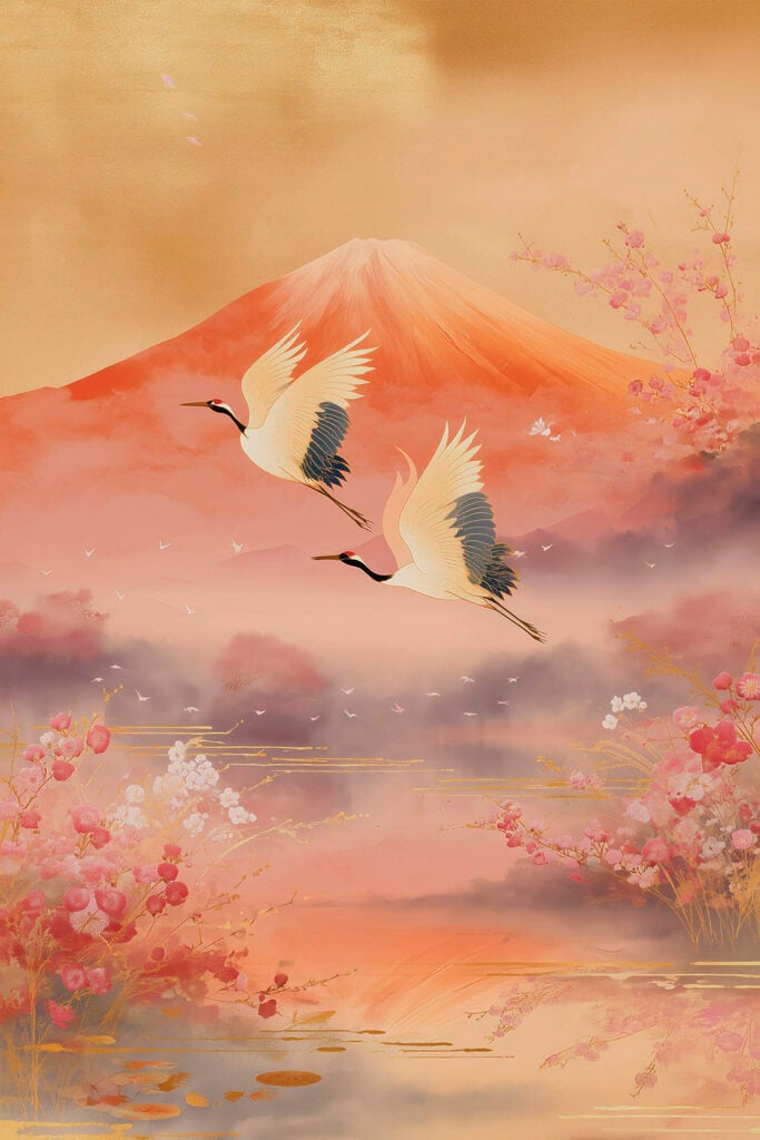 Painting of birds flying over a mountain