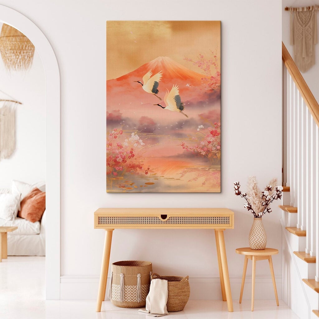 Painting of birds flying over a mountain