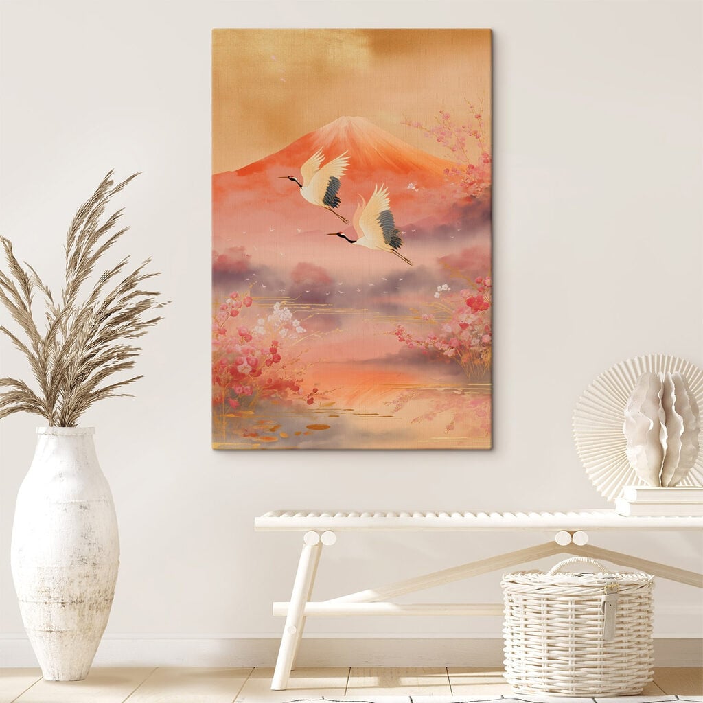 Painting of birds flying over a mountain