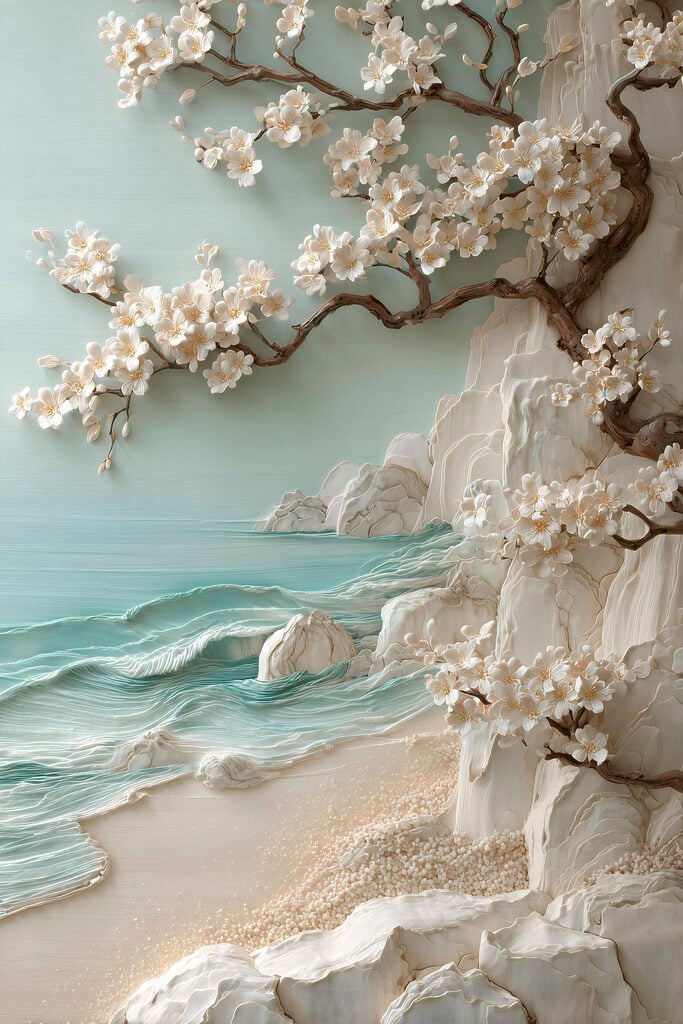 Tree with white flowers on a beach
