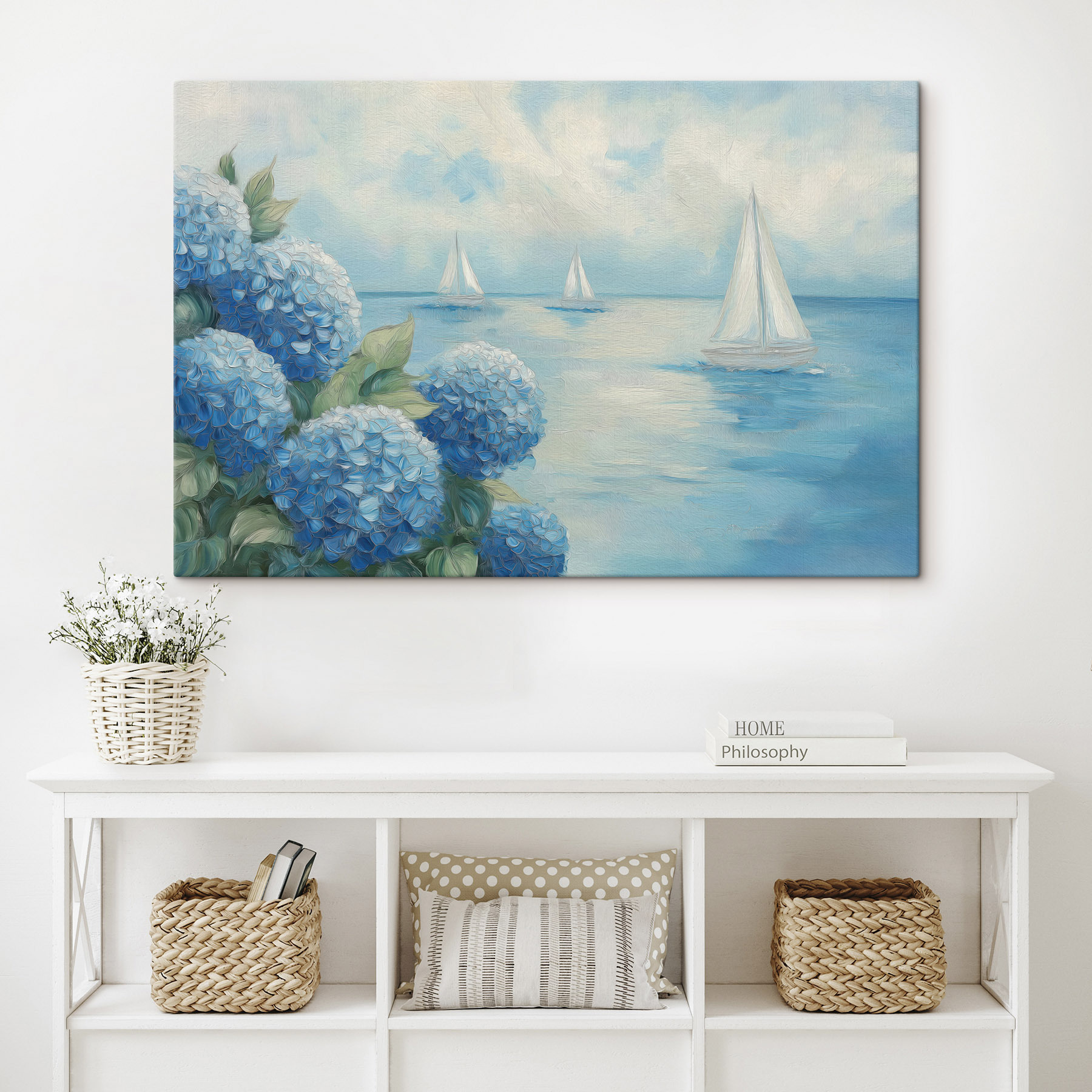Painting of flowers and sailboats in the water