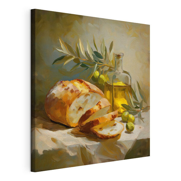 Painting of a still life with a loaf of bread and olives