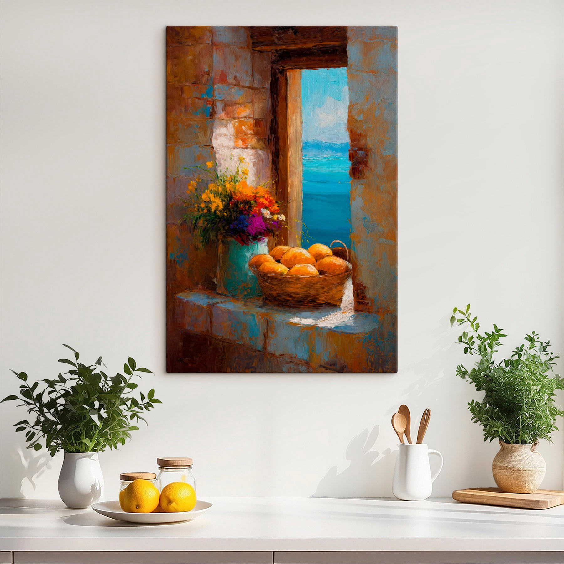 Basket of flowers and a vase of bread