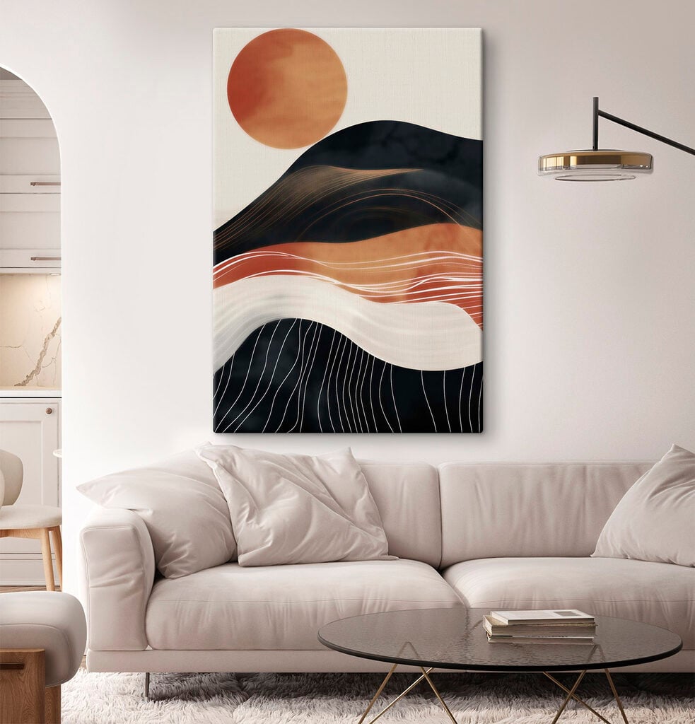 Painting of a mountain with a sun behind it