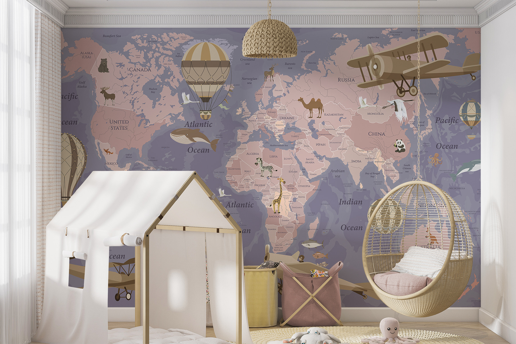 A map of the world with airplanes and hot air balloons