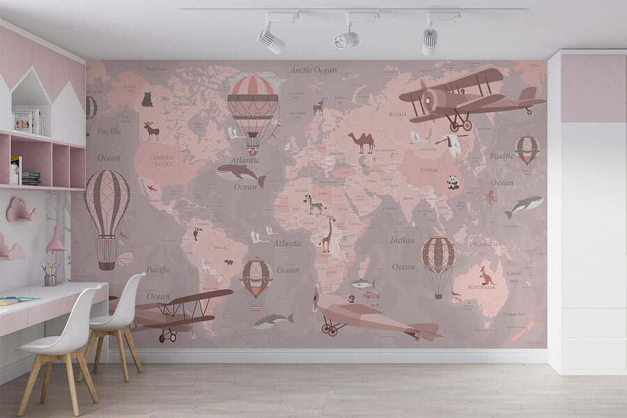 Mapa světa s letadly a horkovzdušnými balóny